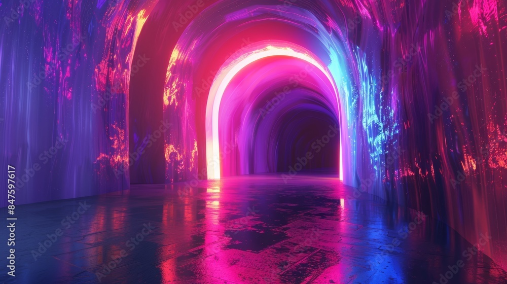 Poster a surreal landscape within a neon-lit tunnel, where the walls morph and distort under the influence 