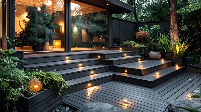 deck with steps, each step has lights on the side of it, grey colored wood stairs, garden plants and candles in planters.