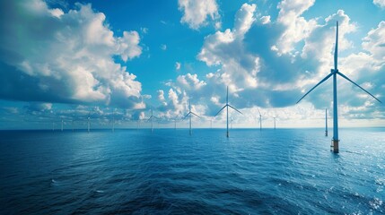 Offshore wind turbines in action, evening sunset over the ocean, vibrant and peaceful, showcasing renewable energy production