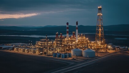 Fototapeta premium A sprawling industrial complex glowing with lights as night falls, set against a calm landscape, symbolizing the intersection of technology and the natural world