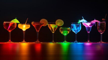 Neon cocktail drinks, precisely lined up, vibrant colors against a solid dark black background, highlighting their glow and sleek design