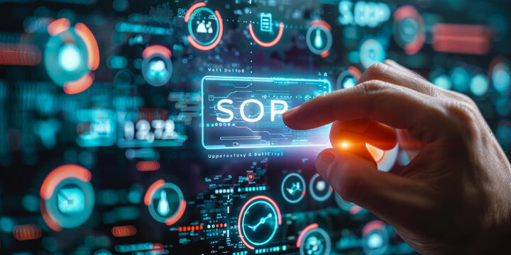 Individual in engaging with a digital SOP (Standard Operating Procedures) interface, featuring quality assurance and workflow optimization icons