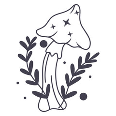 Celestial Magic Mushroom in Minimalist Doodle Style. Mystical Bohemian Mushroom.