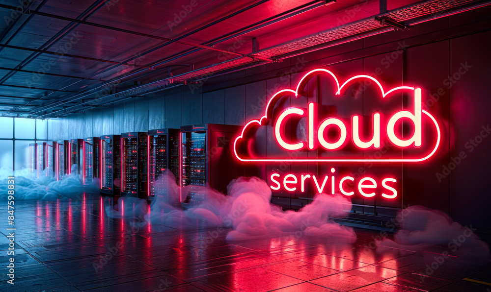 Poster neon cloud services sign floating over a server room filled with data racks, symbolizing modern clou
