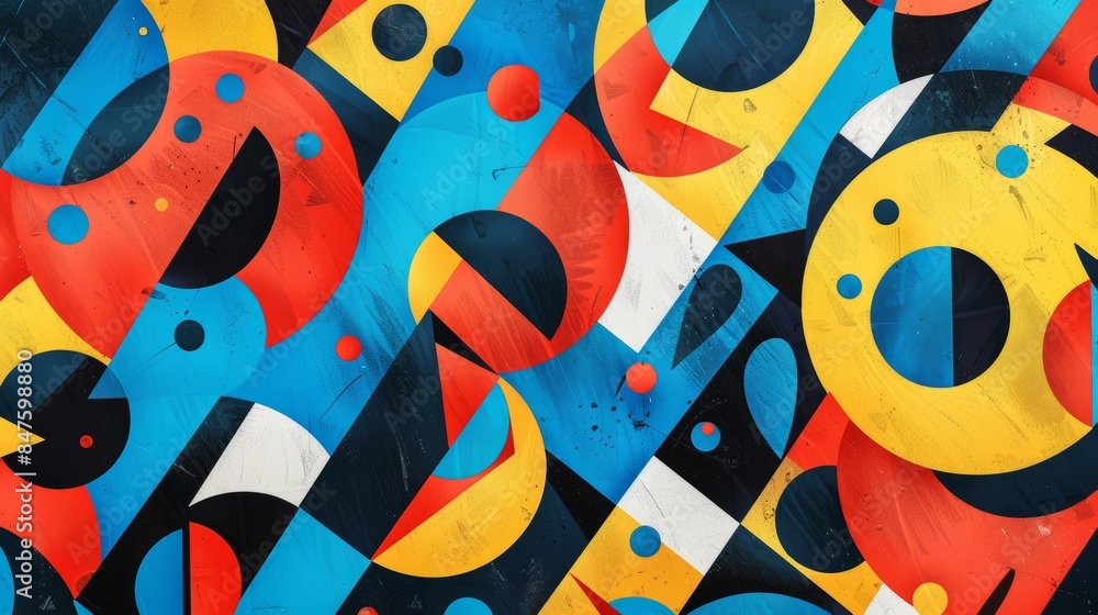 Poster a vibrant abstract pattern with bold colors, geometric shapes, and a sense of dynamic movement
