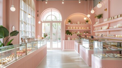 Modern bakery shop with a pastel pink interior, delicate confectionery displays, and a welcoming ambiance, perfect for Instagram-worthy photos