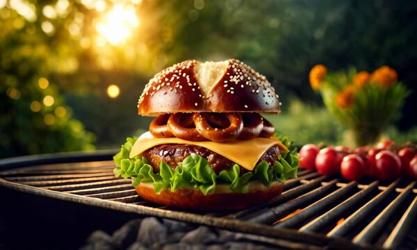 hamburger with pepper jack cheese on a pretzel bun on grill with smoke. Fast food meal barbeque. Delicious hamburger.