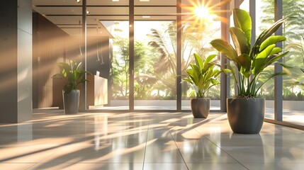 Fototapeta premium Modern office interior with large windows and sun rays, featuring plants in modern pots on the floor. creating a realistic and inviting scene for advertising or promotional materials.