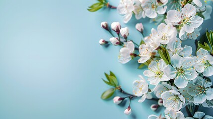 Obraz premium A cherry blossom branch on the left side against pastel blue background, with white flowers and green leaves on it. Web banner with copyspace on the right.