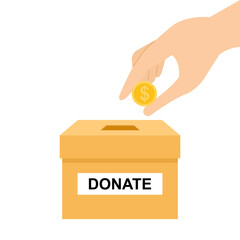 Donation box with hand and money flat design isolated on white background.