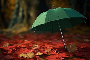 Red umbrella with dry autumn leaves on green background