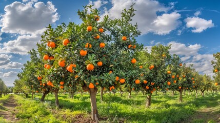 Lush orange orchard with vibrant fruit, sunny sky and fluffy clouds. Ideal for agricultural and nature-themed projects, showcasing fruit growth under perfect weather conditions. Style: Realistic. AI