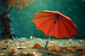 Red umbrella with dry autumn leaves on green background