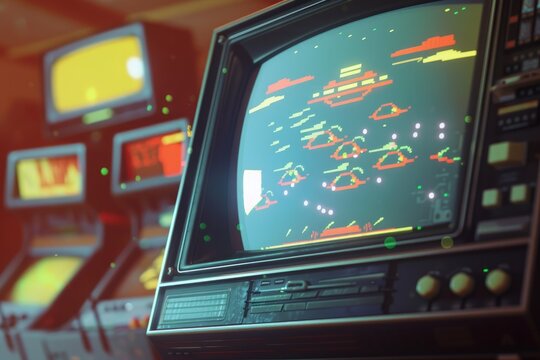 Retro arcade game battle with aliens on TV screen.