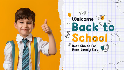 Welcome Back to school horizontal web banner, checkered paper background, school kid