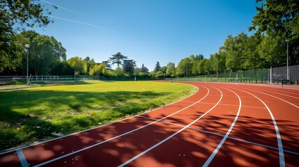 Photo of an outdoor running track in France, with a red surface and white lines. A green grass field lines the sides of the track.