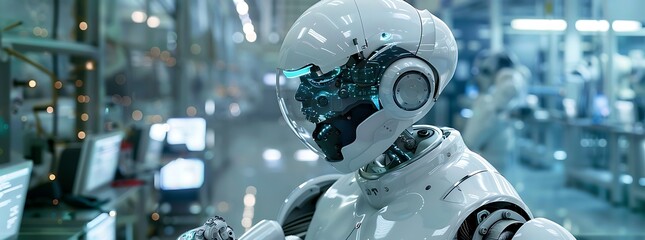 Fototapeta premium Deep in the heart of a futuristic laboratory, a humanoid robot engages in complex tasks with human-like grace,