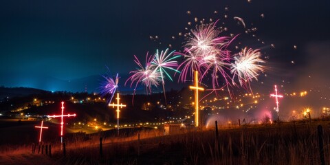 Holiday fireworks, cross, culture, faith, Jesus, New Year, Christmas, National Day, celebrate the Spring Festival, happy atmosphere, festive, night, high-definition wallpaper, background, generated by