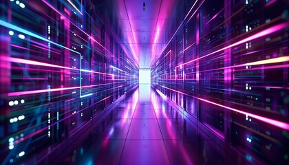 Fototapeta premium Abstract neon lights into digital technology tunnel