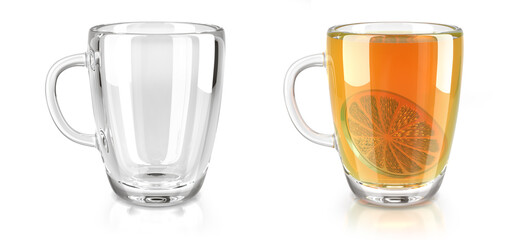 One transparent empty mug and a mug of tea with a slice of lemon. Set of realistic tea mugs. 3d illustration on white background
