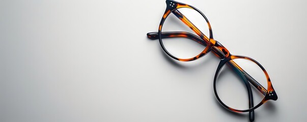 A pair of glasses with a brown frame sits on a white background
