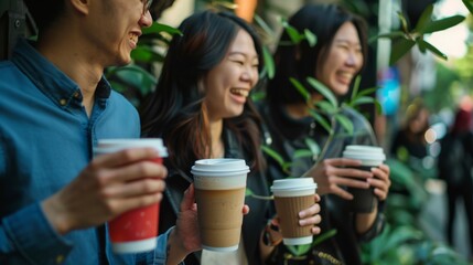 Obraz premium Friends laughing while holding coffee cups