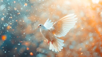 Fototapeta premium white dove, white wings spread out in the air with blue and orange background, light rays shining down from behind.