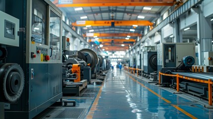 Hi-tech factory with belt crawler casting pulley parts, cutting-edge machinery, clean and precise industrial setup