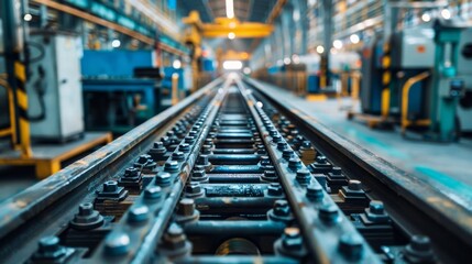 High-tech factory belt crawler system, casting industrial parts like pulleys, clean and advanced machinery setup, precision-focused