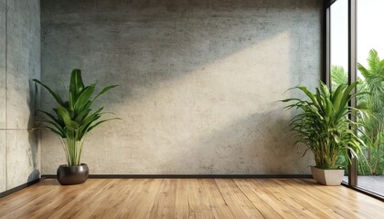 Empty old wood plank wall 3d render, There are concrete floor, Behide the backdrop is a tropical garden, sunlight shine into the room.