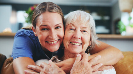 Happy woman, portrait and hug with senior patient in elderly care, love or nursing at retirement...