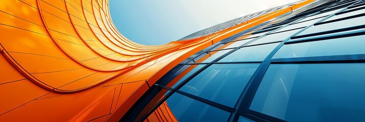 A building with a blue sky in the background and orange stripes on the side