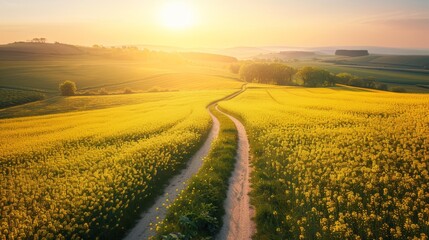 Field of vibrant rapeseed blossoms, a winding rural road cutting through, idyllic countryside scene, clear sky, warm sunlight