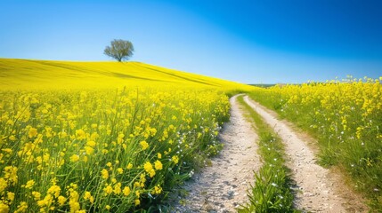 Obraz premium Field of rapeseed in full bloom, a meandering walkway through the countryside, bright yellow flowers, clear blue sky