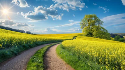 Obraz premium Expansive rapeseed field with a winding rural path, tranquil and scenic, sunlit landscape, vivid yellow blossoms