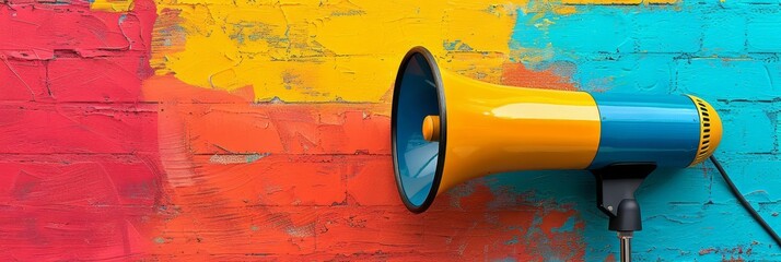 A large yellow and blue megaphone is on a colorful wall