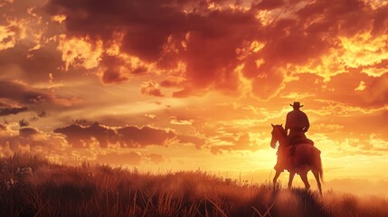 Fototapeta premium silhouette of a cowboy riding into the sunset