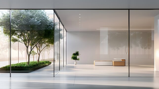 White empty modern office interior with glass walls and large windows. The spacious, clean, minimalist space is well lit by natural light from the window, with white floors.