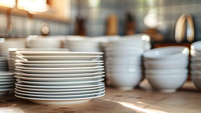 White plates and bowls stacked on top of each other, creating an aesthetically pleasing arrangement. The background is blurred to focus attention on the stack of dishes.