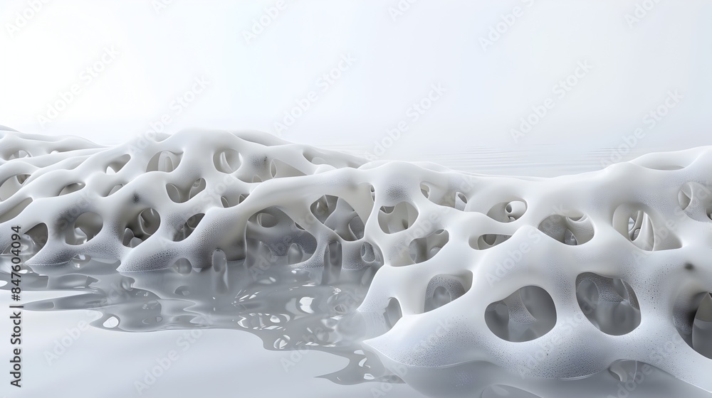 Poster intricate foam patterns forming on the surface of a tranquil pond