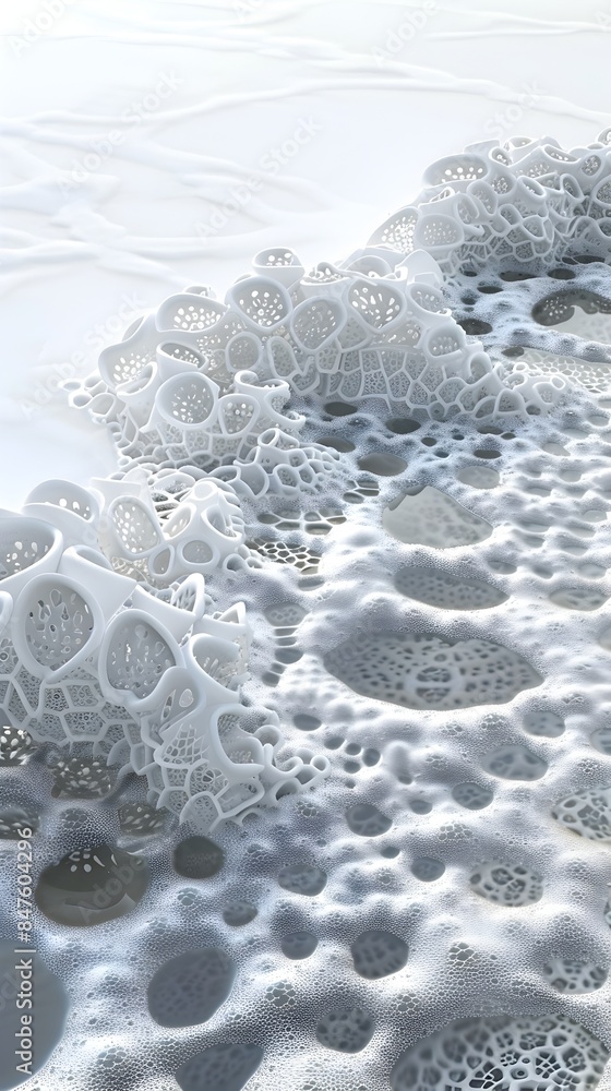 Poster intricate lace-like foam patterns floating on the water's surface