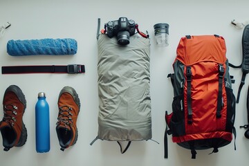 Fototapeta premium Hiking icons set. Camping equipment raster collection.