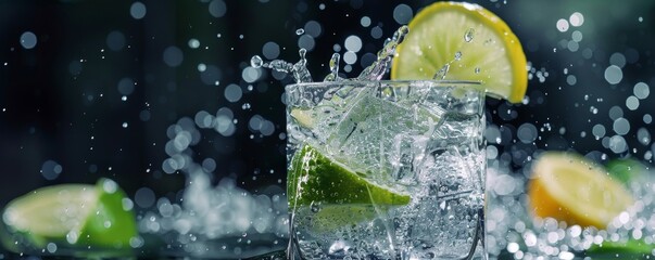 A splash of gin and tonic in a crystal glass with ice cubes and a slice of lime