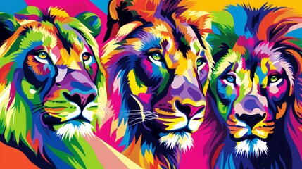 Three colorful lions with their eyes open. vibrant and lively, with a sense of energy, movement. The lions are depicted in a stylized manner. Bright and colorful animal poster.
