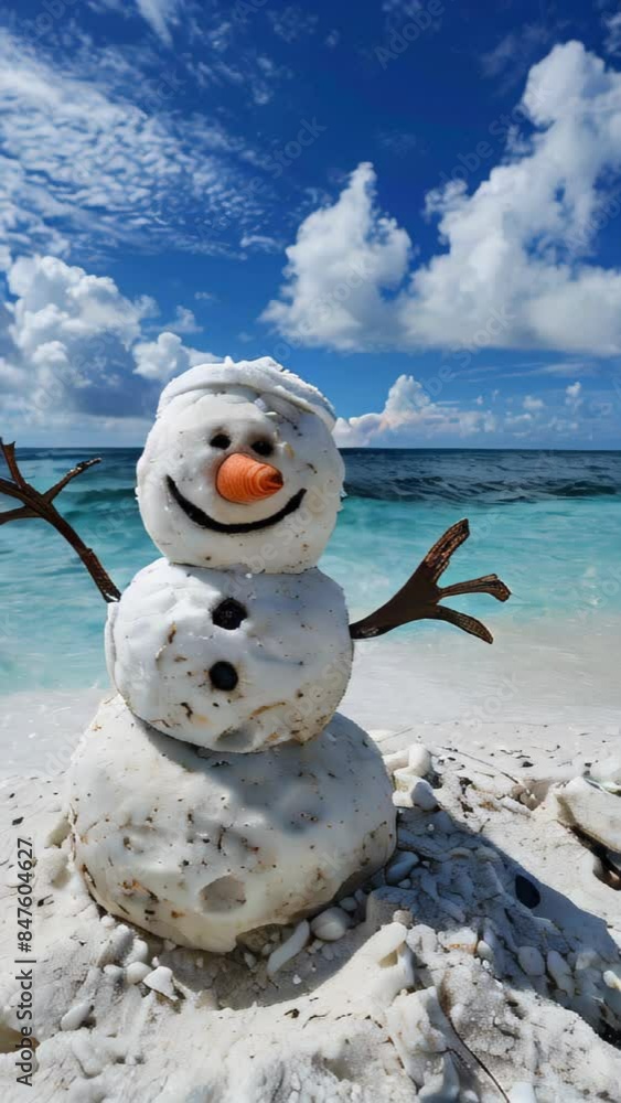 Poster A snowman is standing on a beach with the ocean in the background. The snowman is smiling and he is enjoying the warm weather