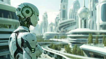 Robot gazing at futuristic cityscape