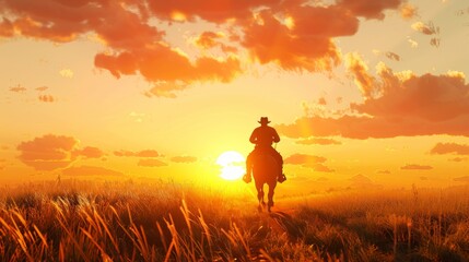 Fototapeta premium silhouette of a cowboy riding into the sunset
