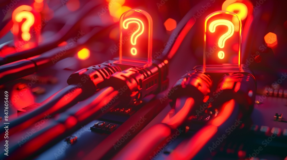 Poster high-tech futuristic conceptual image of network cables with glowing question marks in a server room
