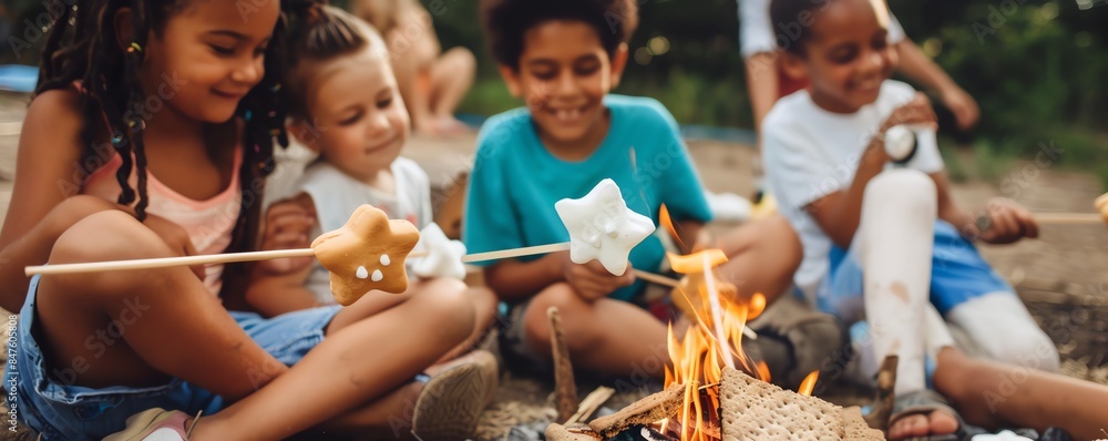 Sticker Children roasting marshmallows around a campfire, enjoying outdoor camping and bonding time together during summer. - Stickers