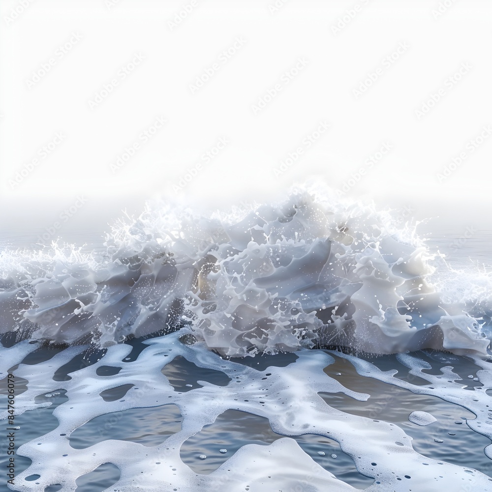 Poster powerful foam waves crashing against pristine shoreline in serene digital rendering